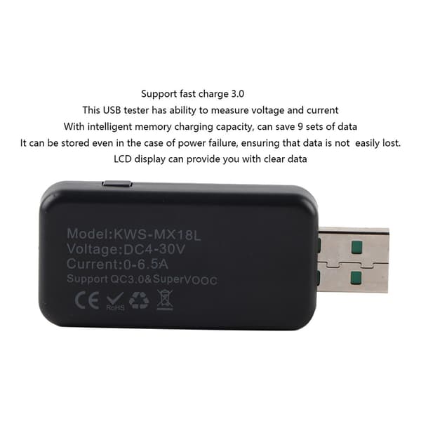 LCD Display USB Tester Oplader Detektor Digital Voltmeter Amperemeter Spændingsmåler DC4-30V (Sort)