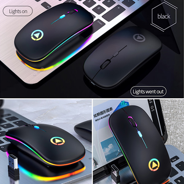 Mus, Plug and Play, Bärbar, Tyst, Laddningsbar, Upplyst, Trådlös, Kontor, Dator, Bärbar dator, Mus, Matt Svart