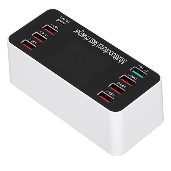 60W monipuolinen USB-laturi 8-porttinen työpöydän latausasema, jossa pikalataus 3.0 USB-portti, tyypin C-portti ja LCD-näyttö 100-240VUK-pistoke