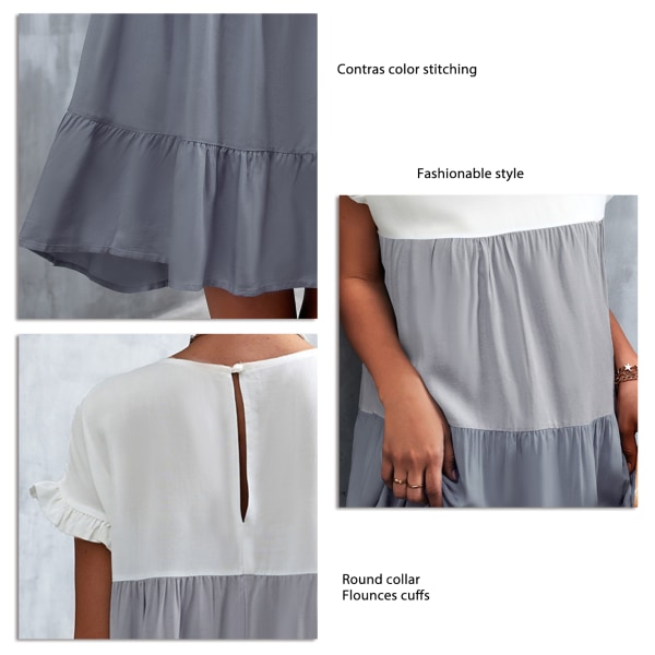 Klassisk grå patchworkklänning med volang i ärmslut - XL