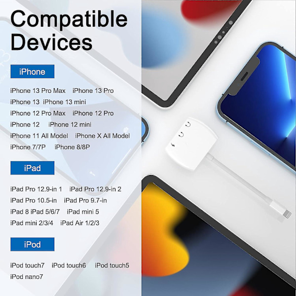 4-i-1 Dual Plug Lightning til 3,5 mm Earphone Adapter til iPhone 14/13/12/11/X/8/7