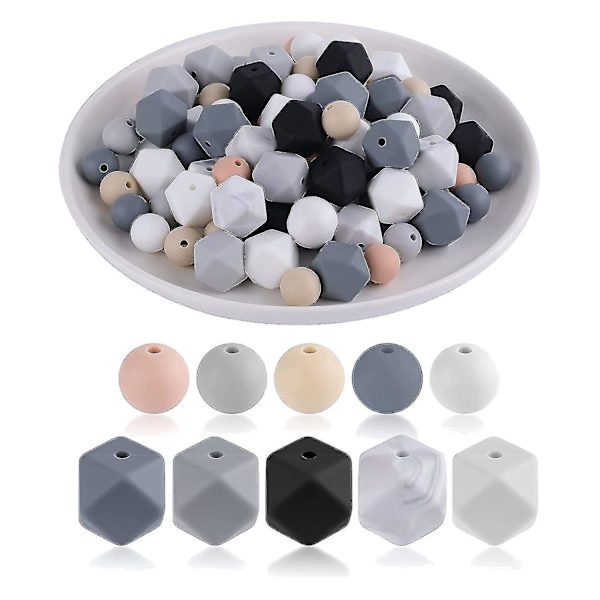 Silikonperle Bulk Kit for smykkefremstilling - 100 stk runde og sekskantede perler