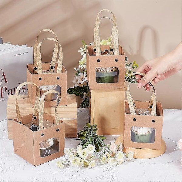 Pakk med firkantede papirgaveposer med håndtak, små handleposer for babyshower, bryllup, bursdag, blomsterbutikkemballasje, 10x10cm