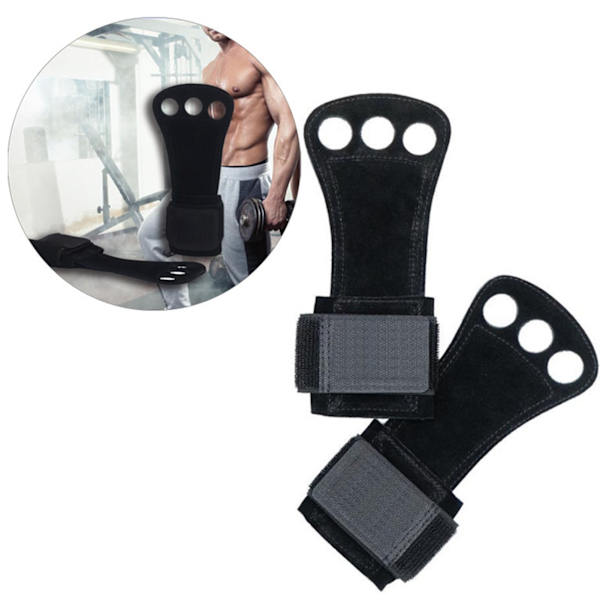 Tyngdlyftande handgrepp 3 hål Lädergymnastikgrepp Handflatskydd med handledsrem för Pull Up Fitness Svart M
