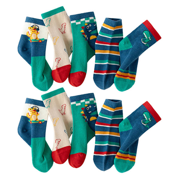 5 par barnsockor söta tecknade dinosaurier barnstrumpor andningsbara mid calf bomullsstrumpor för höst vinter XXL