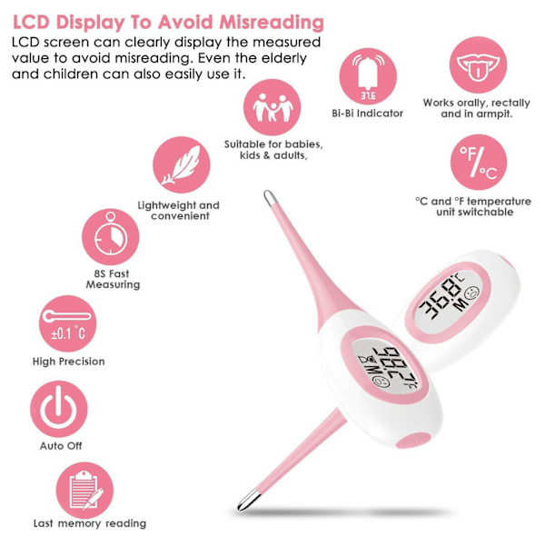 Digitalt termometer Hurtiglæsning Fleksibel spids Højpræcision Oral Rektal Underarm Termometer Pink