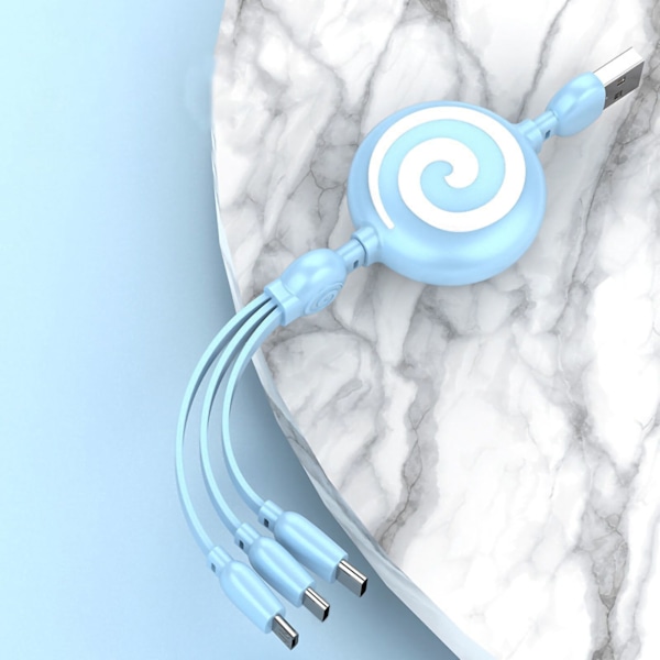 3 i 1 USB-laddningskabel Lollipop-form Sträckbar Snabbladdningstelefonkabel för IOS för Android för Huawei Sky Blue