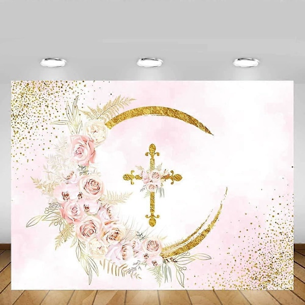 Bakgrunn for Første Kommunion, Dåp, 150 x 100 cm - Bohemtema - Roseblomst - Guds Velsignelse - Dåp - Gullkors og Polkadotter - Pastell - Babyshower - Dåp