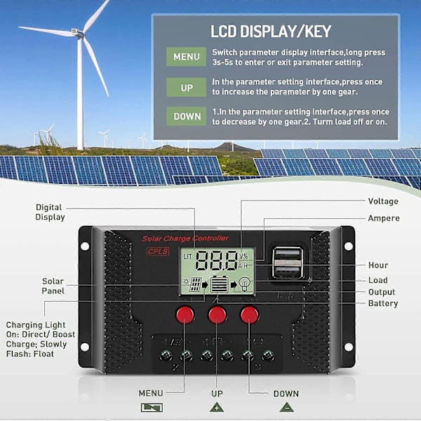 30A Laderegulator Solpanel Laderegulator Automatisk Identifikation 12V/24V med LCD-display og 5V USB-port