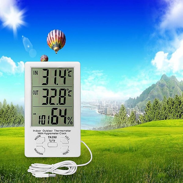 Termometer Indendørs Udendørs Hygrometer/Temperatur Fugtighedsmåler Min/Max Værdi med 1,5M Sensorledning til Hotel Hospital Rum