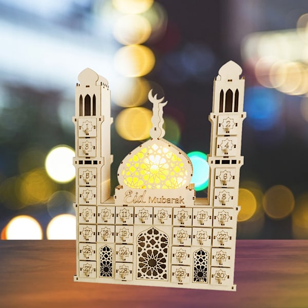 Ramadanin adventtikalenteri, puinen koriste, Eid Mubarak -laskentakalenterikoriste LED-valoilla