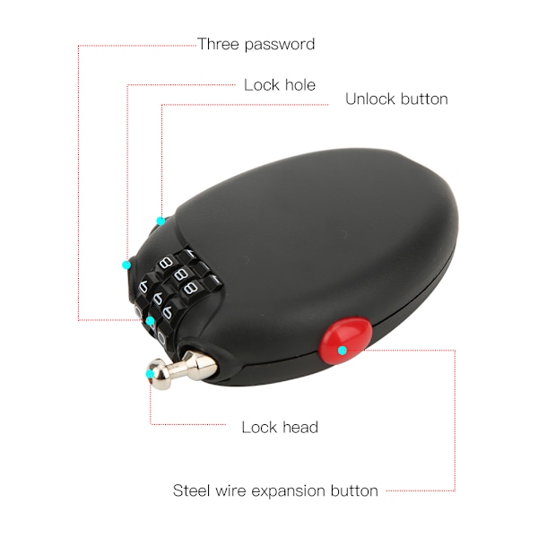 L-01 Black Mini Multi 3-numeroinen salasana teräskaapelilukko Pyörän varkaudenesto vaijerilukko