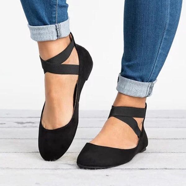 Svarta Balletdans Pumpsandaler med Ankelkorsrem, Låg Häl Blixtlås - Damstorlek 38