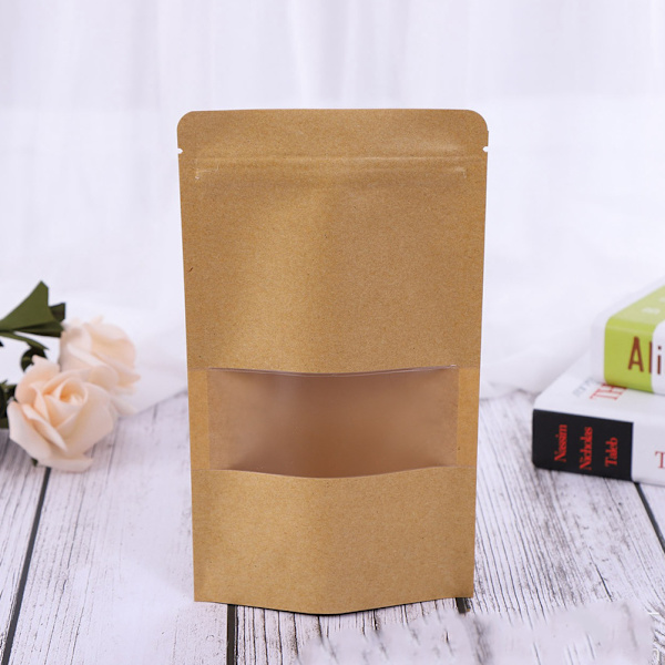 50 stk. Stand Up Pouch Bags Kraft Pouches med Tear Notch og Matte Vindue Genlukkelige Zip Lock Fødevareopbevaringsposer