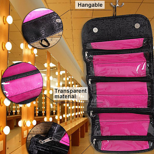Rul Kosmetik Organizer Makeup Taske Foldbar Hængende Toilet Sager Lommer Rum Rejse Kit Smykke Tasker