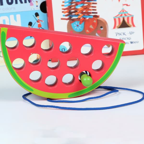 Tre-snøreleke, tre-frukt, orm spiser eple, jordbær, ananas, vannmelon, pedagogiske babyleker for barn