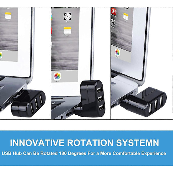 3 Portar USB 2.0 Hub 180 Graders Rotation Mini Roterande Extern Splitter Adapter För Notebook Laptop PC (Svart)