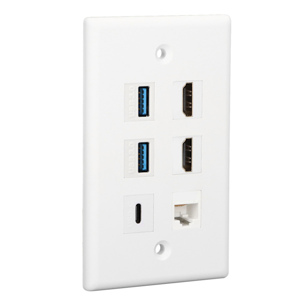 6-porttinen seinälevy 2xHD-multimedialiitäntä 2xUSB3.0 1xType C 1xCat6 Ethernet-seinälevy TV-projektoritietokoneelle