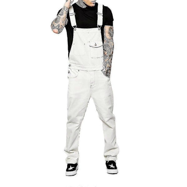 Herr Slim Fit Denim Bib Jumpsuit Romper Jeans Casual Overaller Snickarbyxor Vit 2XL