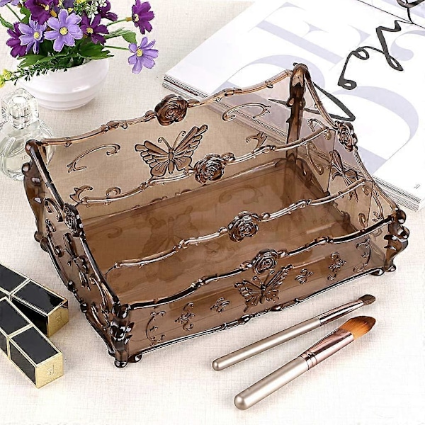 3 Rums Skrivebords Makeup Organizer Kosmetik Opbevaringsstativ Sommerfugl Holder til Kommode og Badeværelse Brun