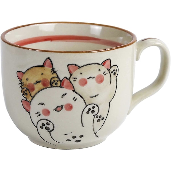 Søt Keramisk Kaffekopp 473 ml med Håndtak Kawaii Kopp Keramikk Melk Latte Krus for Kontor og Hjem Håndmalt Mønster (Lykke Katt)