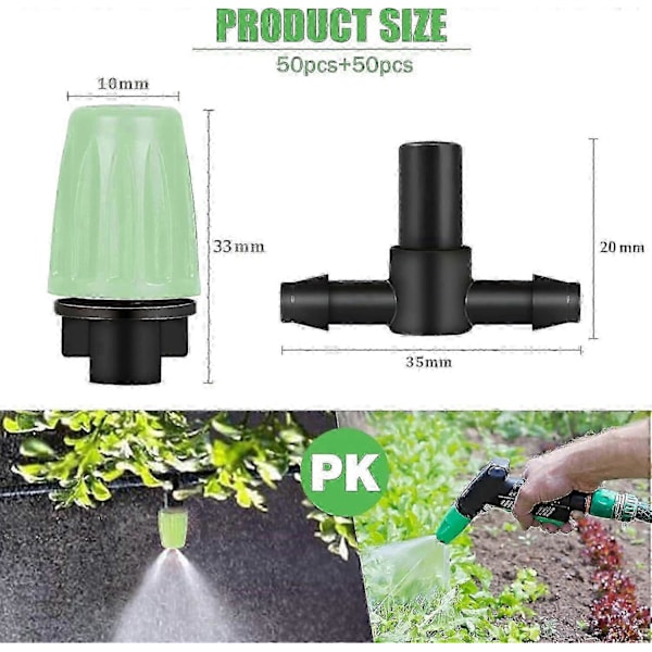 100 st Automatiskt Droppbevattningskit Justerbar Dimspinkler Flödesbevattningsdroppare, 3 T-rör Kit för 4/7mm