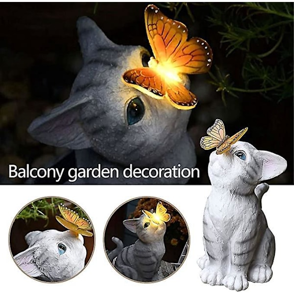 1 stk. Kreativ Have Dekoration Kat-Sommerfugl Udendørs Solcellelampe, Harpiks Ornament, Udendørs Solcellelampe, 13*18*26cm