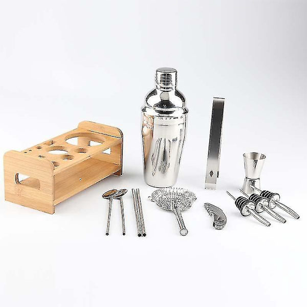 Cocktail Set Bar Kit - 12 Dele, 750ml Rustfrit Stål Martini Shaker, Træstativ