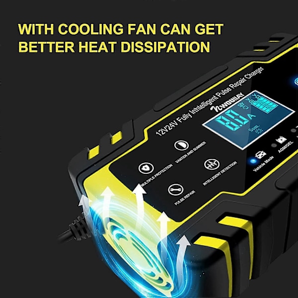 8A 12V/24V Portabel Smart Batteriladdare med LCD Touch Screen, Flera Skydd, Reparationsläge för Bil, Motorcykel, Gräsklippare och Båtar m.m.