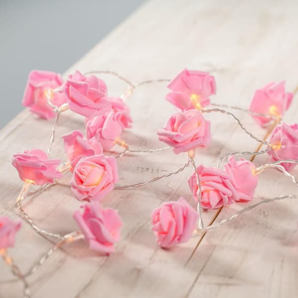 3m lyskæde med hvide blomster, 20 varmhvide LED'er, batteridrevet, pink