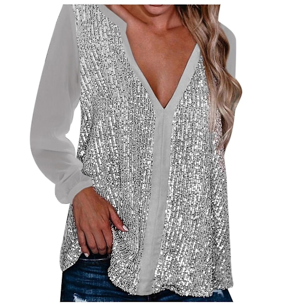 V-hals Sequin Langarmet Bluse Topper for Kvinner Sølv XL