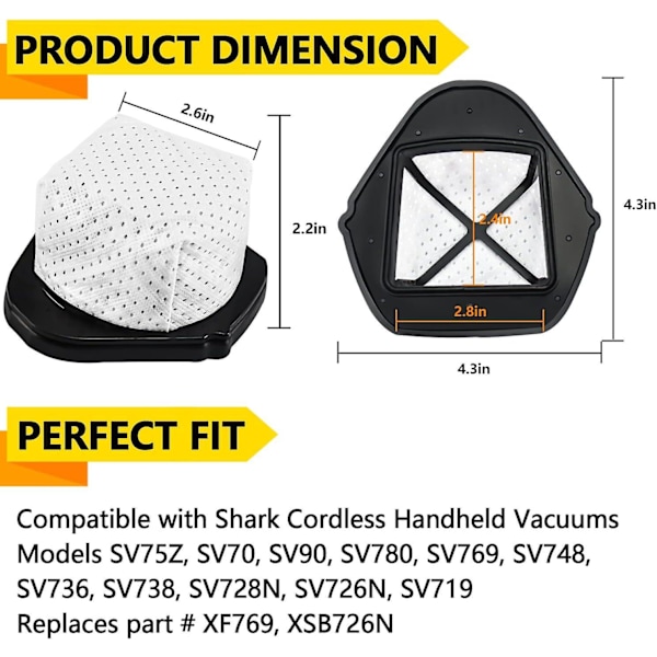 4 kpl pölysäiliön suodattimia, korvaavat Shark Cordless Hand Vac SV780 SV75Z SV728N SV726N -malleihin, verrattavissa osaan # XF769, XSB726N