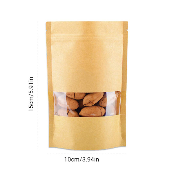 50 stk. Stand Up Pouch Bags Kraft Pouches med Tear Notch og Matte Vindue Genlukkelige Zip Lock Fødevareopbevaringsposer