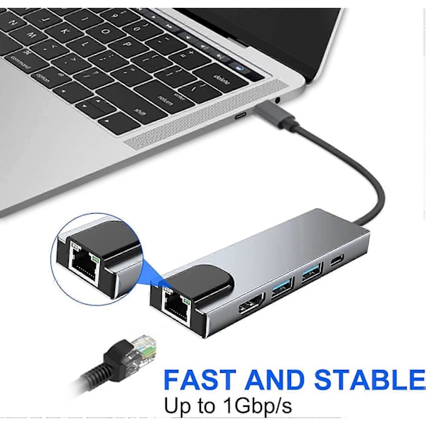 5 i 1 USB C Docking Station, Type C til HDMI Adapter RJ45 Ethernet 4K HDMI 100W PD 2 USB 3.0 kompatibel med MacBook Pro / Air og Type C enheder