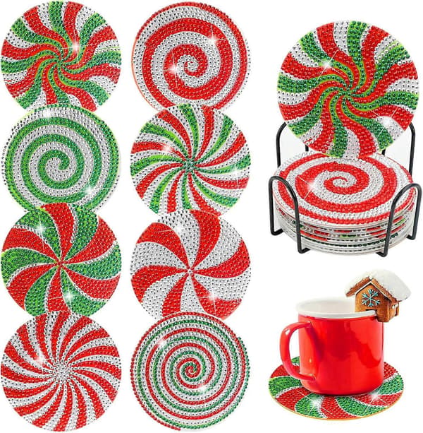 8 stk. jule diamantmaleri coasters, 5D jule diamantmaleri coasters (Candy)