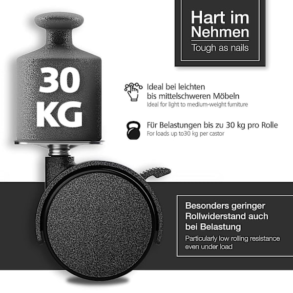 Set med 4 50 mm möbelhjul med bromsar - Svängbara hjul för inomhusmöbler - Hjul med lågt rullmotstånd - Lastkapacitet upp till 120 kg