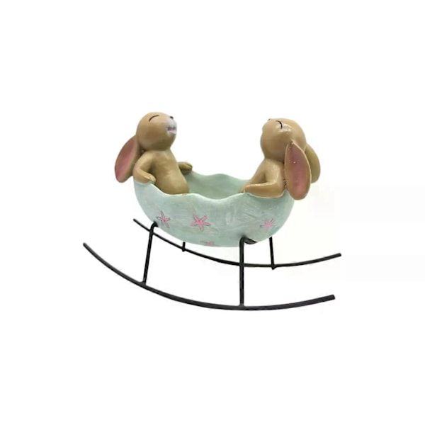Skrattande kaniner som gungar i en påskäggsvagga, vårdekoration, vintage, rustik, lantlig, kaninfigurin, staty (kaniner i en vagga)