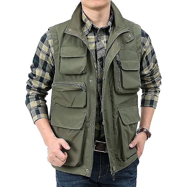 Outdoor Work Safari Fishing Vest for Men - Lightweight Travel Photo Cargo Vest Large Green