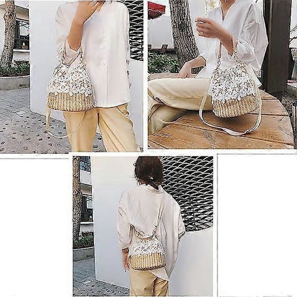 Flowers Straw Väska Crossbody Väska Korgväska Kvinnor Flickor Dragsko Spets Vävd Handväska Sommar Strandväska Rattan Boho Semester Hink