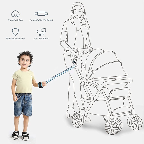 2 stk Anti-tapt barnearmbånd med 2,5 m lengde, 360° rotasjon til barnebånd, komfortabel babysele i blå farge