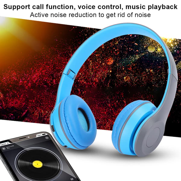 Bluetooth Trådløst Headset Over Øret Sammenleggbart Stereo Lyd Støyreduksjon Øretelefoner Spill FM Musikk Øreplugg Blå