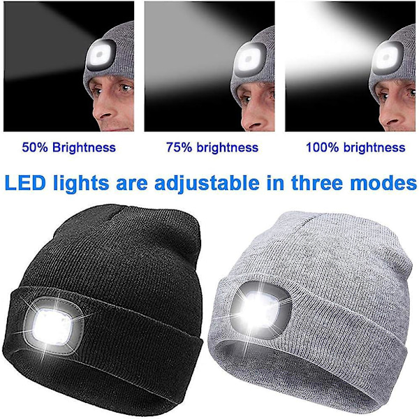 LED-valaistu pipo, Ladattava 4 LED-päälamppuhattu, Talvinen lämmin pyöräily- ja metsästysneulepipo (2 kpl)