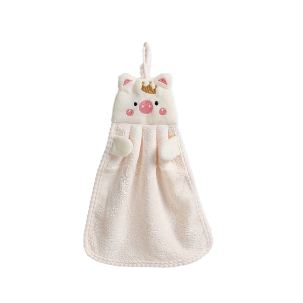 Kid Hand Towel Coral Velvet Cute Pig Pattern Absorbent Hanging Hand Dry Towel for Kitchen Bathroom Beige