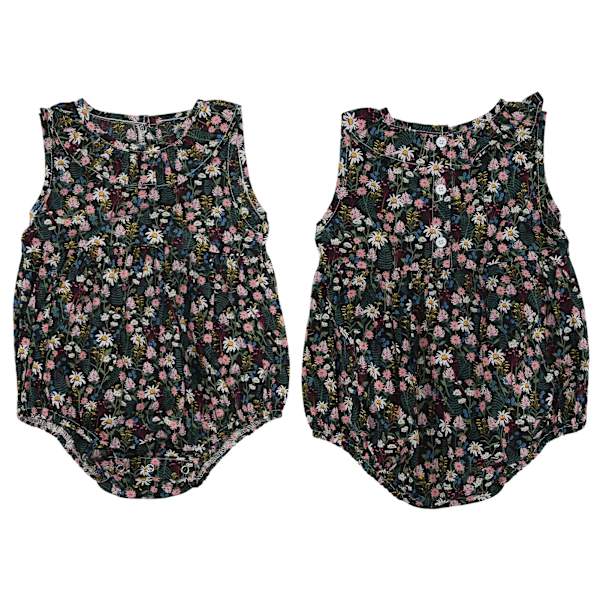 Nyfödd baby blommig jumpsuit sommar ärmlös krage body för spädbarn babykläder svart 80cm