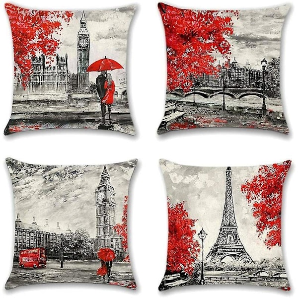 Sett med 4 Putetrekk, Polyester og Lin Dekorativt Putetrekk Sofa Bil Hjem Dekor Putetrekk 45 x 45 cm (Par Rød)