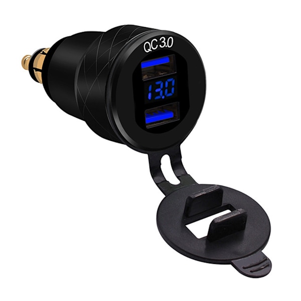 Multifunctional Dual USB Car Charger Fast Charge 3.0 Auto Digital Display Cigar LighterBlue Light Black Shell DC12-24V