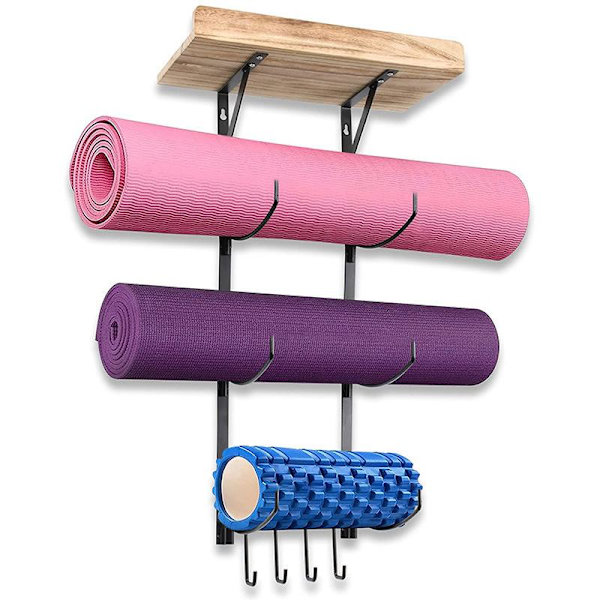 Vægmonteret yogamåtte skumrulle og håndklædeholder yogamåtteholder til ophængning af yogarem modstandsbånd