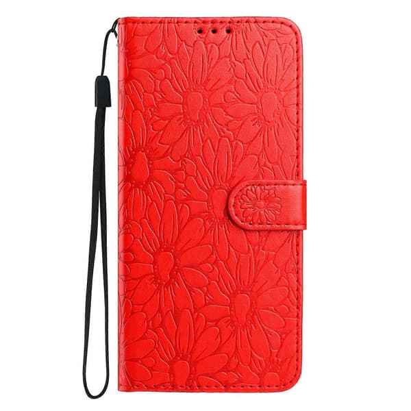 Leather Case with Embossed Daisy Pattern, Wallet Stand, Protective Phone Cover for Samsung Galaxy A56 5G Red