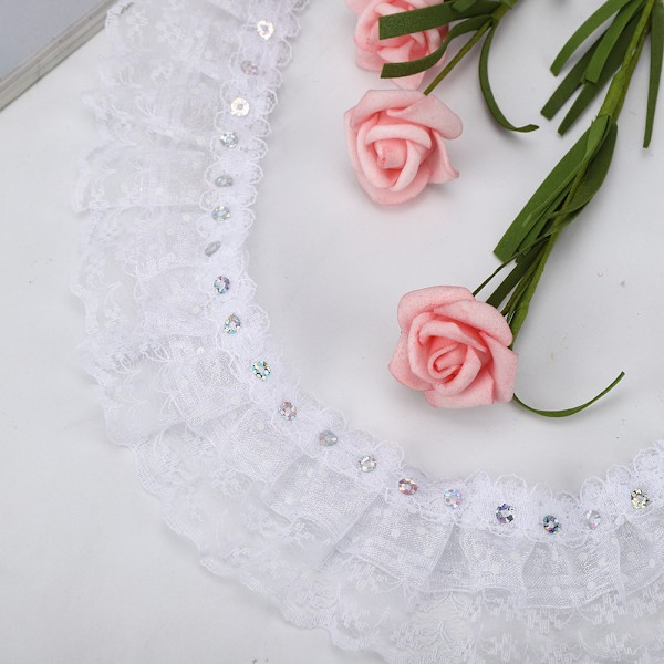 5 meter flerfärgad 45 mm prickar plisserad trim mesh spetsband sy paljetter broderad DIY hantverk (vit)