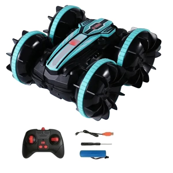 RC-tempputyyauto, kaksisuuntainen, pyörivä, 2,4 GHz, vedenpitävä, USB-ladattava, lapsille sopiva amfibio-RC-autolelu, 3,7 V, sininen